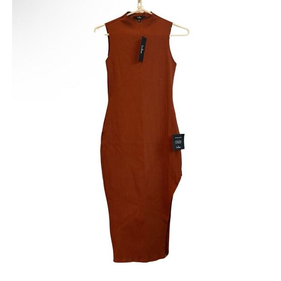 Lulus Dresses & Skirts - NEW Lulus Mock Neck FALL Rust Stretch Ribbed Bodycon Midi Dress Side Slit Size S